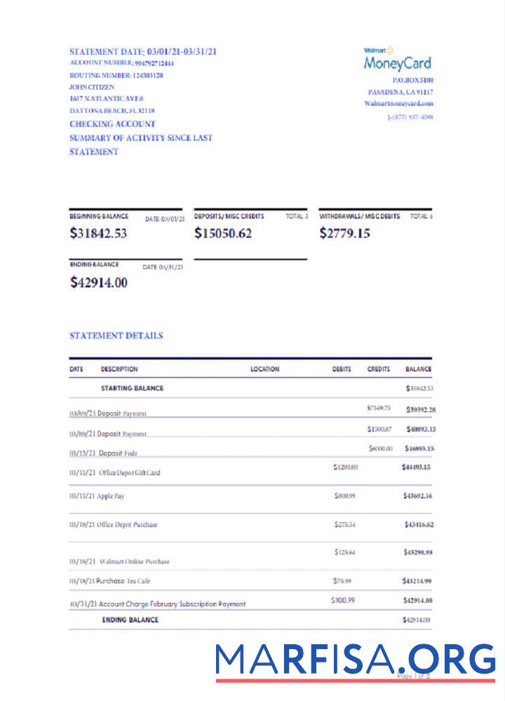 Blank USA Walmart Money Card statement word version 2 real example